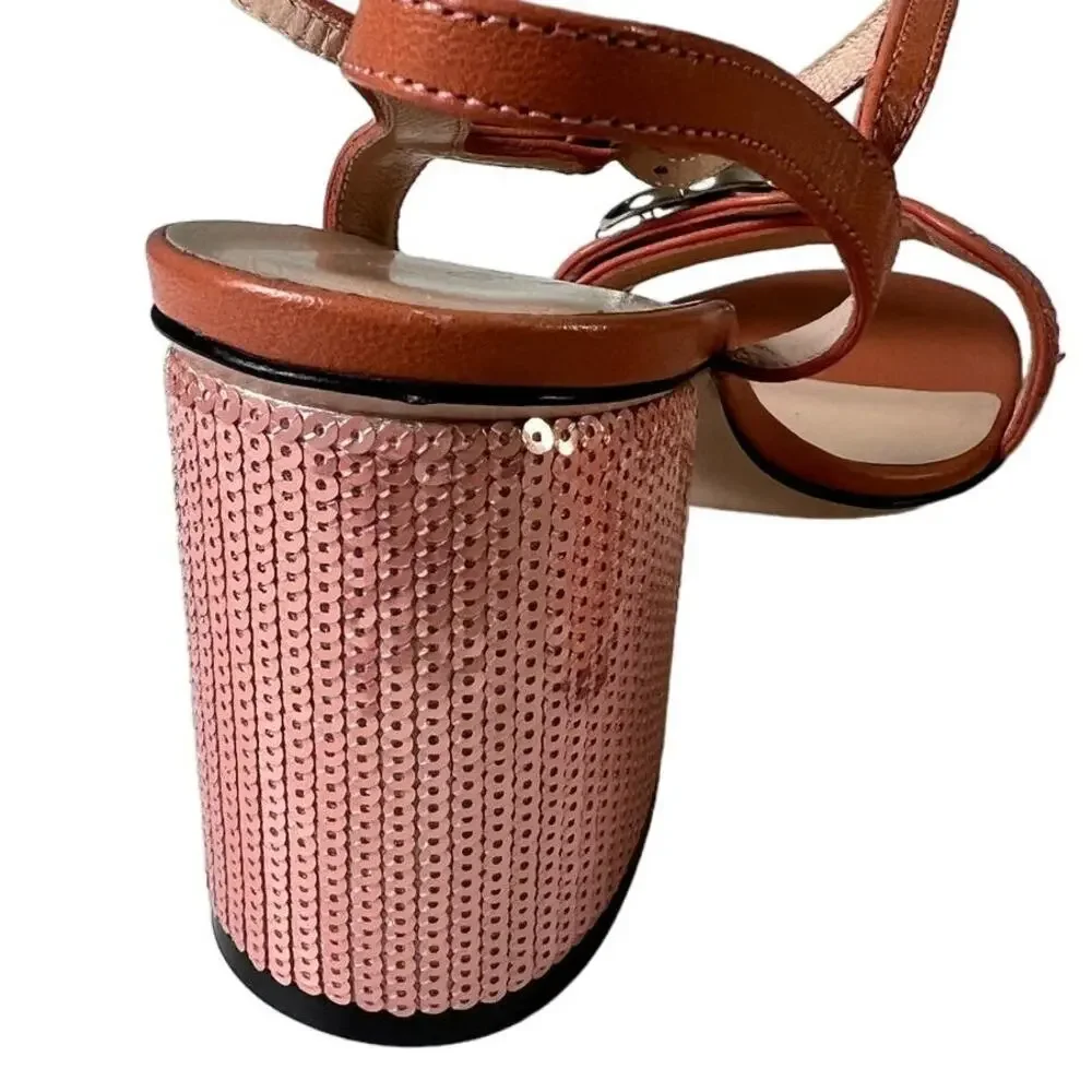 Gucci Pink Sequin GG Marmont Mid Heeled Sandals 37